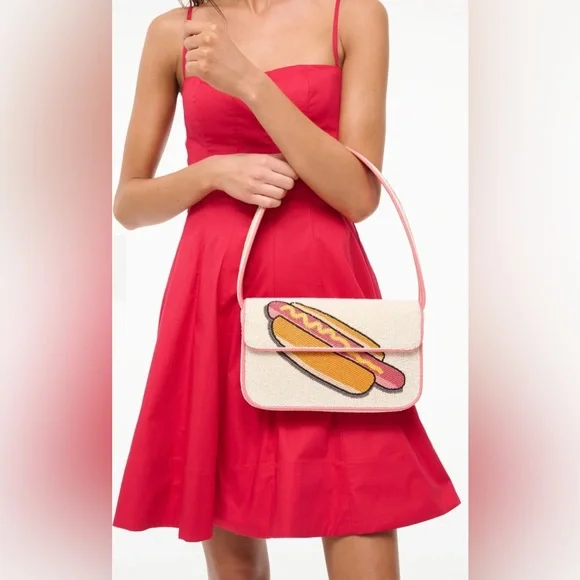 NWT STAUD Tommy Beaded Bag Hotdog Weiner Dog Dachshund Doggie Summer Mustard - Picture 4 of 7